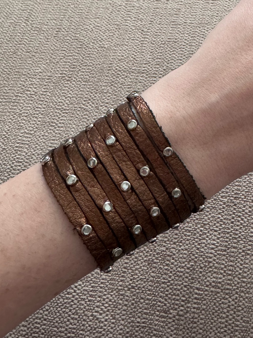 Brown Studded Multi-Strand Metallic Leather Wrap Bracelet